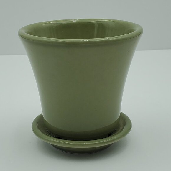 Longaberger Pottery Sage Green May Series Peony Flower Pot with Attached Saucer - Picture 4 of 8